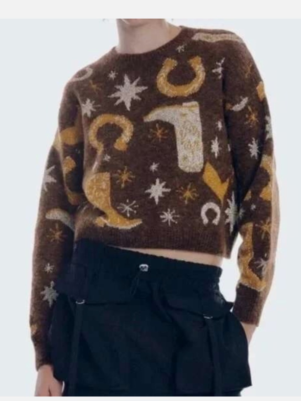 Zara Women's Brown Crewneck Sweater with Gold Graphic Motif